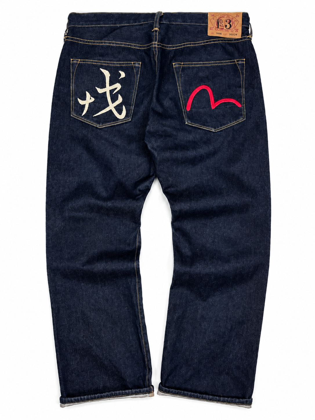 Evisu Selvedge Jeans Red Seagul Hieroglyph Logo 36x34